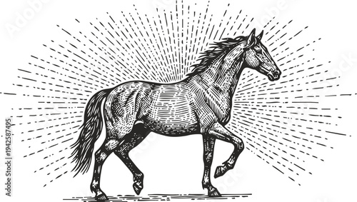 Vintage black and white horse illustration with radiant lines background