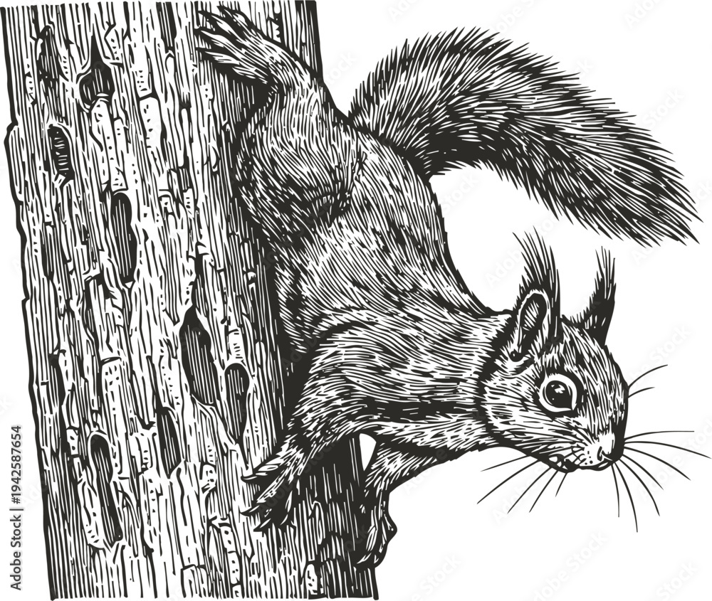 Fototapeta premium Detailed black and white illustration of a squirrel climbing a tree trunk in nature wildlife scene