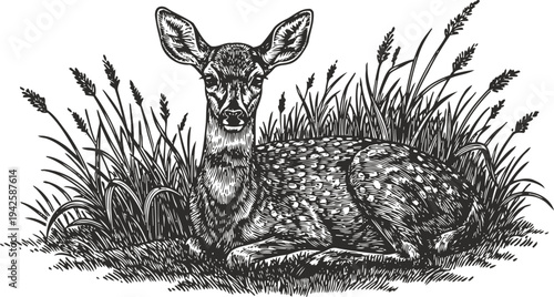 Deer resting in grass detailed black and white wildlife illustration of a fawn lying down
