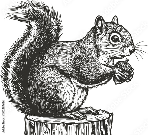 Squirrel holding acorn sitting on tree stump detailed black and white illustration