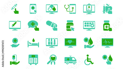 Modern healthcare icons including online doctor, health monitor, medical report, and hospital services.