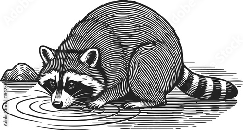 Detailed black and white raccoon illustration drinking water from a pond or stream
