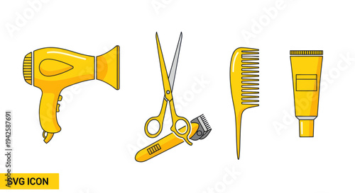 Hairdressing Tools Icons: Hair Dryer, Scissors, Comb, Cream - Yellow Vector Set