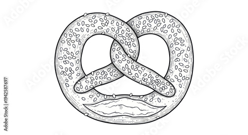 Hand-drawn pretzel illustration with sesame seeds, isolated on white background