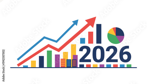 Financial growth and business success concept for 2026. Flat vector illustration of upward trending graphs and charts. Panoramic banner with copy space