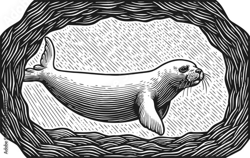 Illustration of a seal swimming underwater framed by wavy lines, black and white engraved