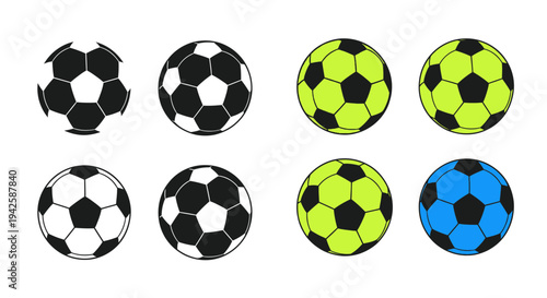Collection of Soccer Balls: Classic Black and White, Vibrant Green, and Blue