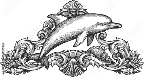 Vintage dolphin illustration with oceanic ornamental frame and marine elements engraved design