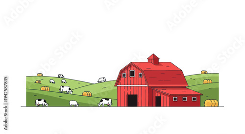 Farm scene with red barn, grazing cows, and hay bales on green hills