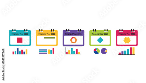 Financial year 2026 calendar icons with graphs and charts illustration  