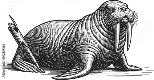 Detailed black and white illustration of a resting walrus with long tusks on a flat surface