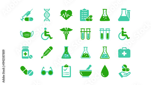 Simple healthcare icons featuring laboratory flasks, DNA, pills, syringe, and medical research tools.