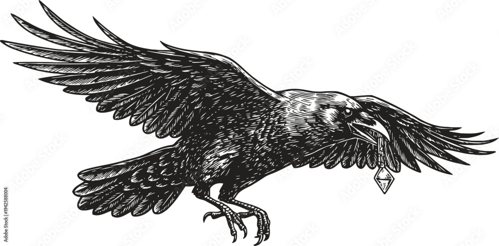 Naklejka premium Black raven flying with a key in its beak vintage bird illustration with detailed feathers and outstretched wings