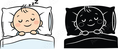 a charming illustration depicts a peacefully sleeping baby with rosy cheeks presented in both color and monochrome variations resting on a pillow