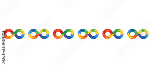 Row of rainbow puzzle piece infinity symbols on a white background. Vector illustration of neurodiversity and autism awareness. Concept of limitless potential and inclusion