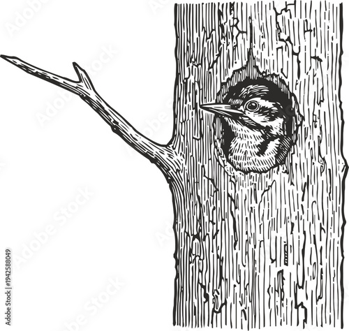 Woodpecker peeking from tree hollow detailed black and white bird illustration with textured bark and branch