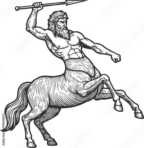 Mythical centaur warrior with spear in attack stance detailed black and white illustration
