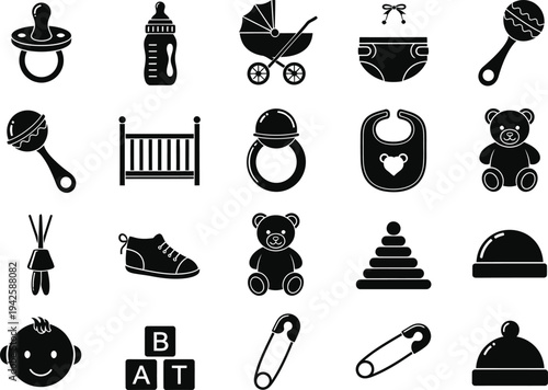 a collection of black silhouette icons depicting baby essentials such as bottles rattles clothes and toys displayed on a white background