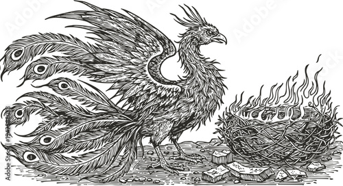 Detailed black and white illustration of a phoenix bird standing next to its flaming nest with intricate feathers