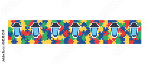 Horizontal banner of blue porch lights on a colorful puzzle piece background. Vector illustration of autism awareness and neurodiversity acceptance symbols. Community support campaign concept