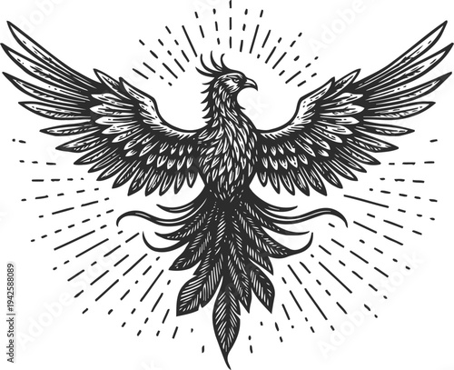 phoenix rising with wings spread wide mythical bird flaming rebirth and renewal symbol in detailed vintage