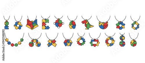 Vector illustration of colorful puzzle piece chewelry necklaces. Sensory chew toys for oral needs and autism awareness