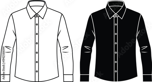 A minimalist illustration depicts two long sleeved dress shirts one white and one black presented side by side in a clean vector style
