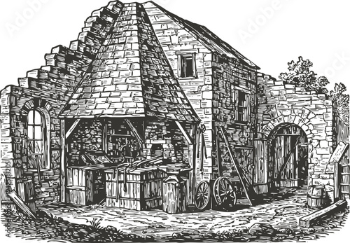Old rustic forge workshop with stone walls and wooden barrels, vintage blacksmith tools and wheels