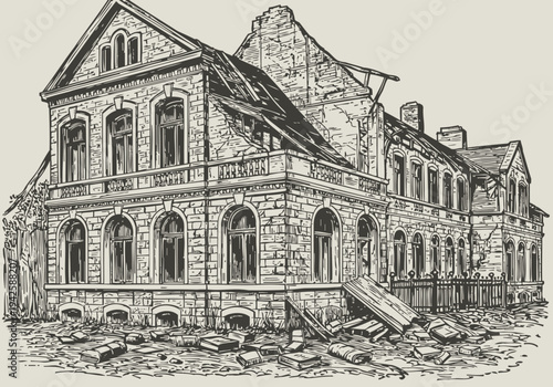 Old abandoned building in ruins with broken windows, collapsed roof, and debris around