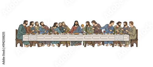 Vector illustration of the Last Supper. Jesus and his disciples at the table with bread and wine