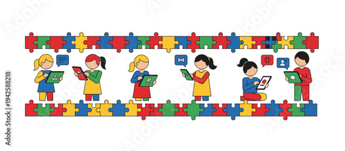 Children using communication devices for nonverbal support. Autism awareness concept with puzzle piece border. Kids interacting with tablets and icons