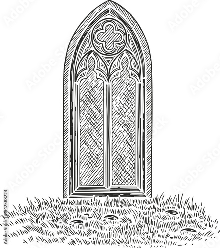 Gothic arch window with stained glass design set in grassy ground, vintage medieval architecture element