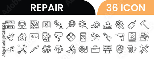 Repair and maintenance icons pack with 36 vector icons for web and app UI design including tools, wrench, screwdriver, fixing, service, and mechanic symbols