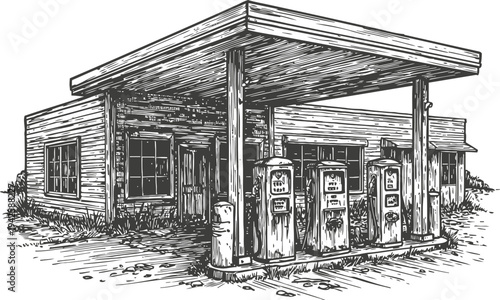 Vintage gas station with old fuel pumps in rustic style, abandoned roadside building illustration