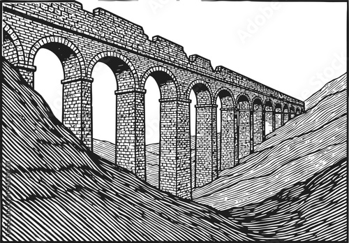 Ancient stone aqueduct spanning valleys with multiple arches in black and white illustration