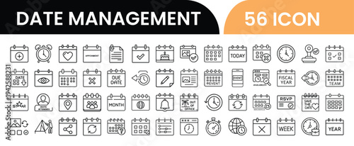 Calendar and date management icons pack with 56 vector icons for web and app UI design featuring schedule, planning, reminder, deadline, and time management symbols