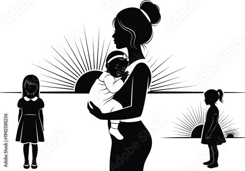 a delicate illustration depicts a mother holding a baby surrounded by her two daughters in a simple black and white style