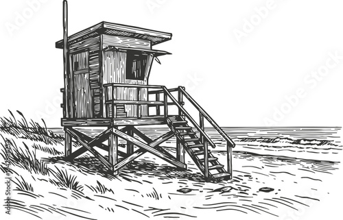 Lifeguard tower on sandy beach coastal ocean scene with waves, shore grass, and wooden lookout structure