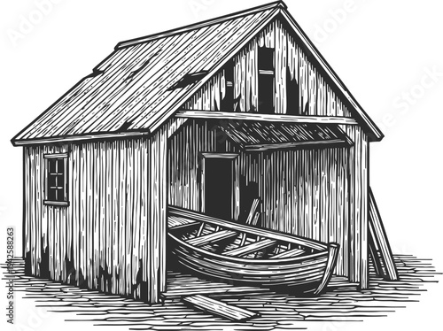 Old wooden boathouse with rowboat inside vintage rustic waterside fishing shed illustration
