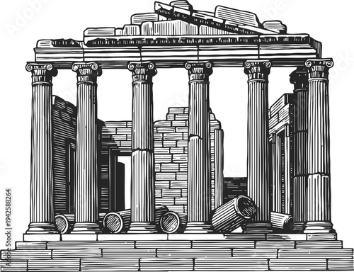 Ancient greek temple ruins with tall doric columns and broken stone architecture