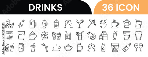 Collection of 36 different drink icons in simple line art style