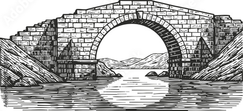 Ancient stone arch bridge over river between rocky cliffs with mountains in the background illustration