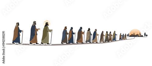 The Road to Emmaus vector illustration. Risen Jesus Christ walking with disciples toward a village at sunset. Biblical journey narrative scene