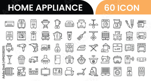 Collection of sixty home appliance icons in simple line art design