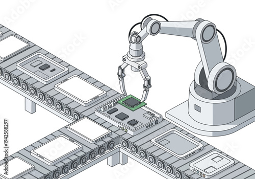 Automated assembly line with robotic arm placing components on a circuit board