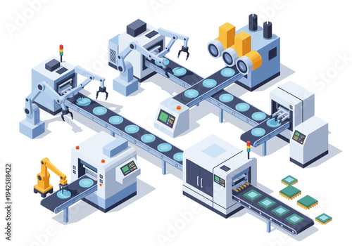 Automated manufacturing line with robotic arms and conveyor belts in a futuristic factory setting