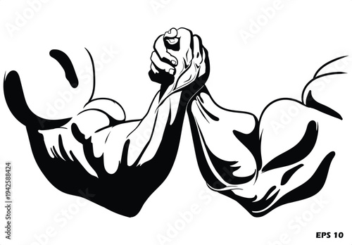 Arm Wrestling Contest Illustration. Vector Silhouette of Two Muscular Arms in a Trial of Strength