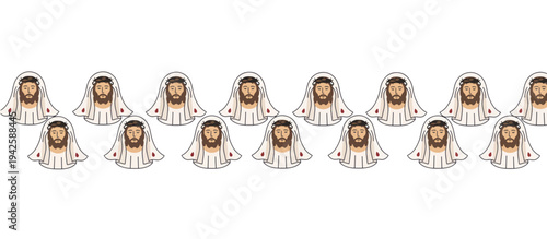 Vector icons of Veronica's veil with the face of Jesus. Religious illustration of the Sudarium with crown of thorns and blood. Christian passion of Christ symbols in a row
