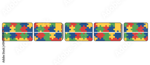 Vector icons of weighted blankets with autism puzzle pattern. Sensory comfort tools for neurodiversity awareness. Colorful therapeutic blankets illustration