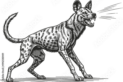 Aggressive barking dog illustration in vintage engraving showing fierce reaction and alertness